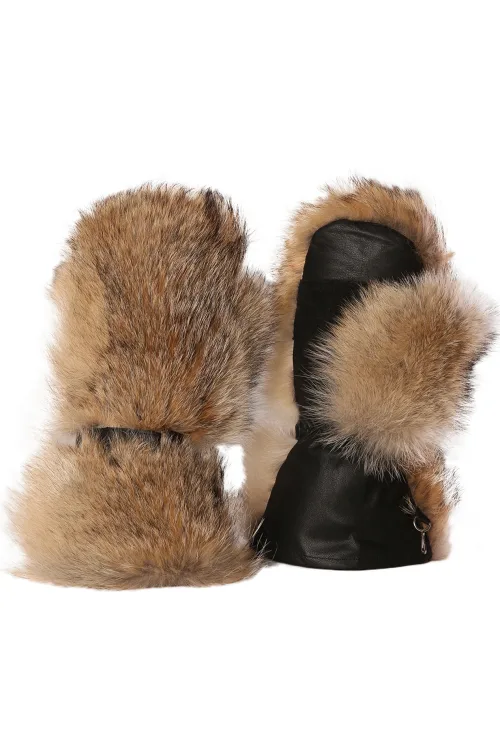 Natural Coyote fur mittens - Long | Fur mittens - Long mittens | BILODEAU Canada