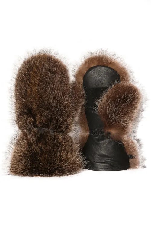 Natural Raccoon fur mittens - Long | Fur mittens - Long mittens | BILODEAU Canada