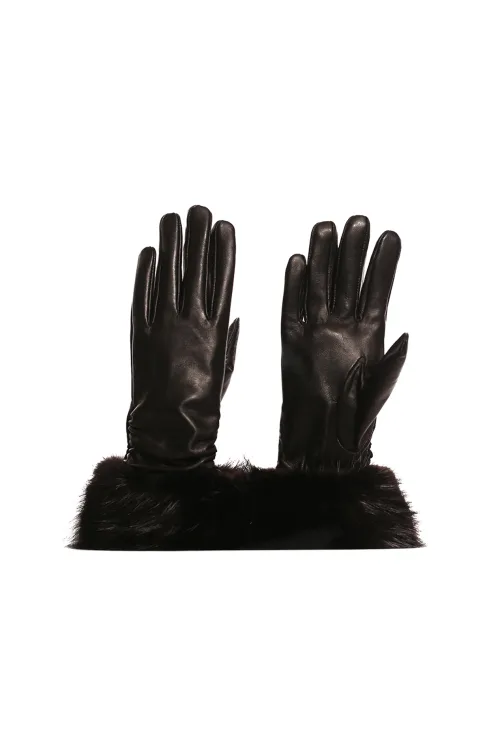 Gloves black leather Black Beaver fur trim | Fur gloves and mittens - Gloves | BILODEAU Canada