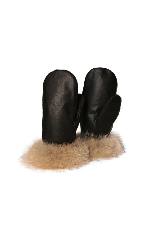 Leather and natural Coyote fur trim mittens - Urban | Fur gloves and mittens - Urban | BILODEAU Canada
