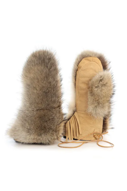 Natural Coyote fur mittens - Trapper | Fur mittens - Long mittens | BILODEAU Canada