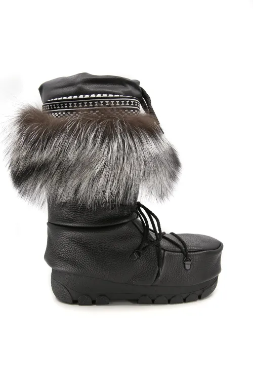 Black leather with silver fox - Mukluks | Winter boots - Snow boots | BILODEAU Canada