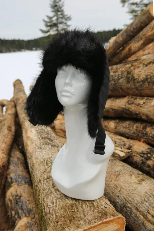 Chapeau en nylon et fourrure de Castor teint noir - Aviateur | Chapeaux en fourrure | BILODEAU Canada