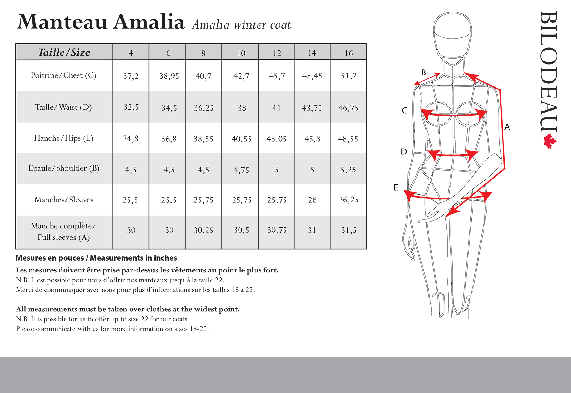 Guide des tailles pour Manteau d'hiver Amalia