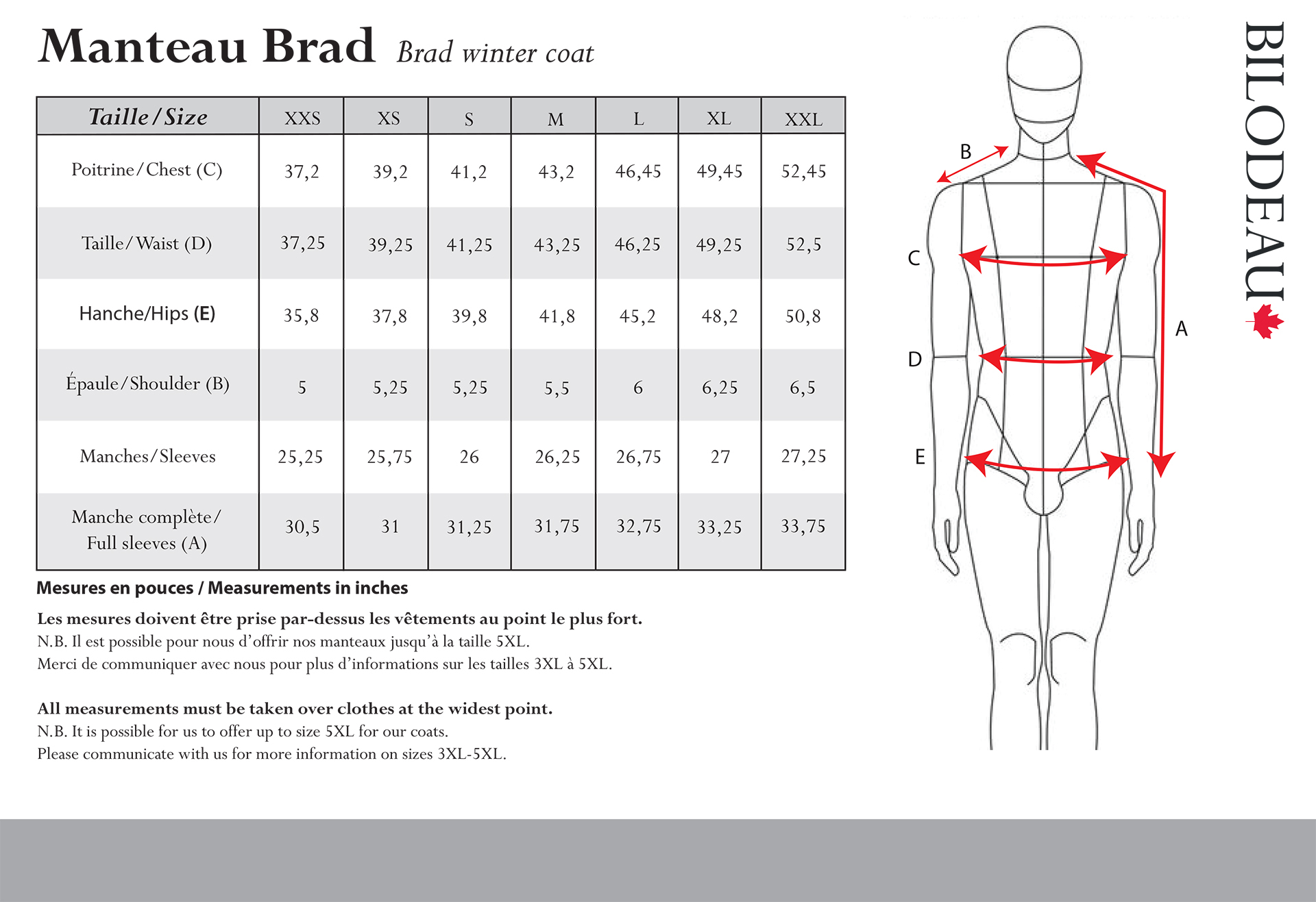 Guide des tailles pour Manteau d'hiver Brad