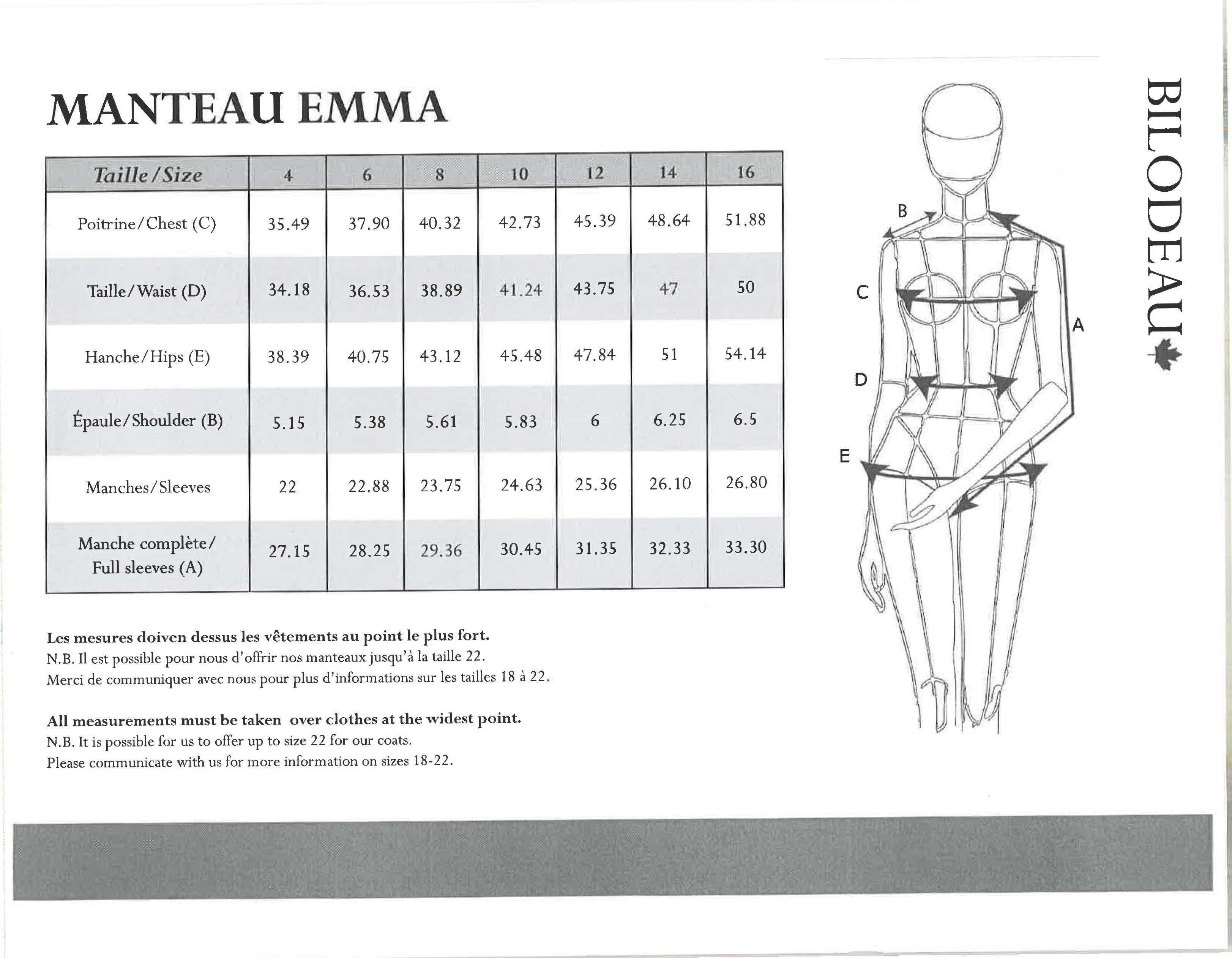Guide des tailles pour Emma - Manteau mi-saison