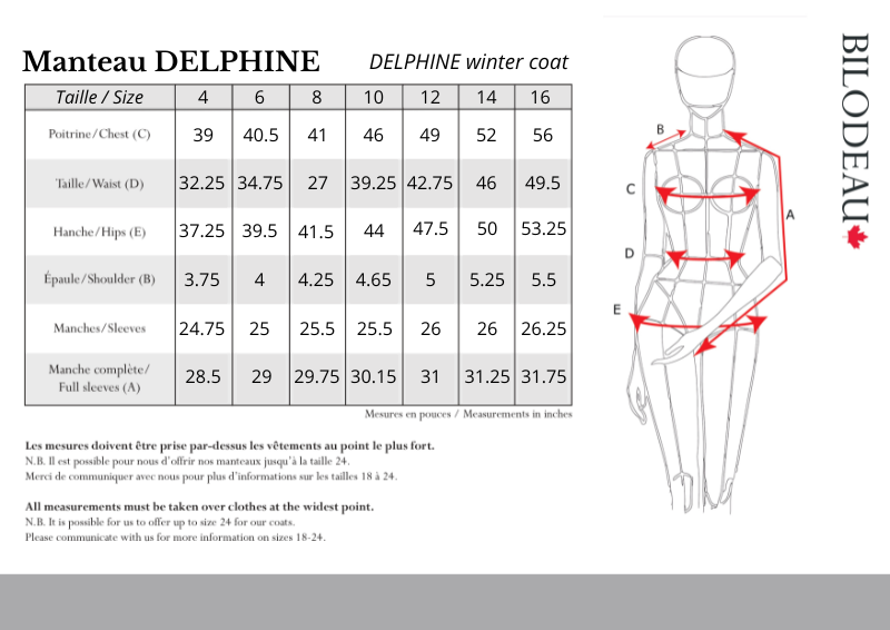 Size guide for Delphine fur coat - Natural Seal & White Fox