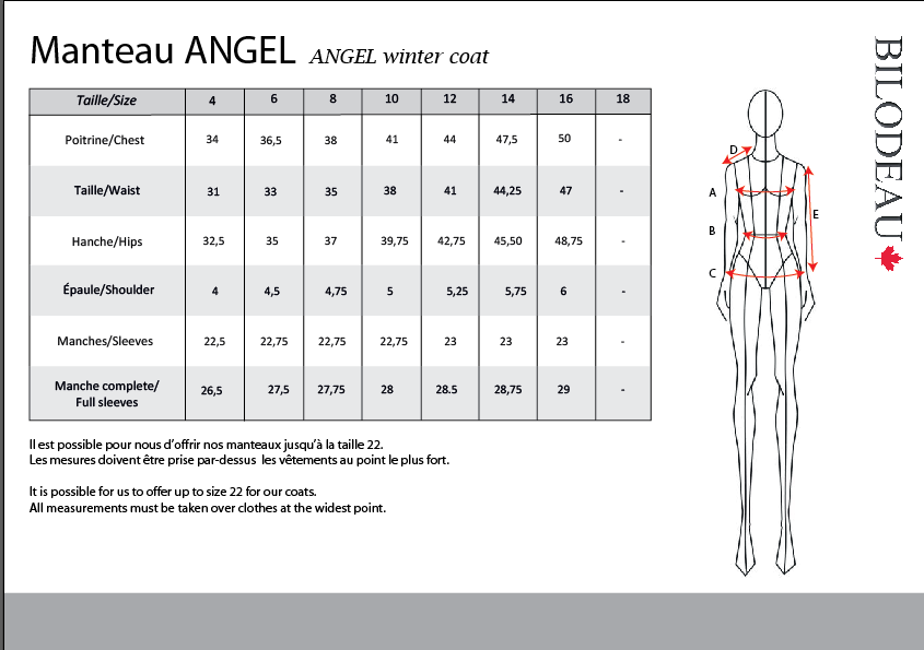 Guide des tailles pour Manteau Angel - Loup Marin naturel & Renard Argenté