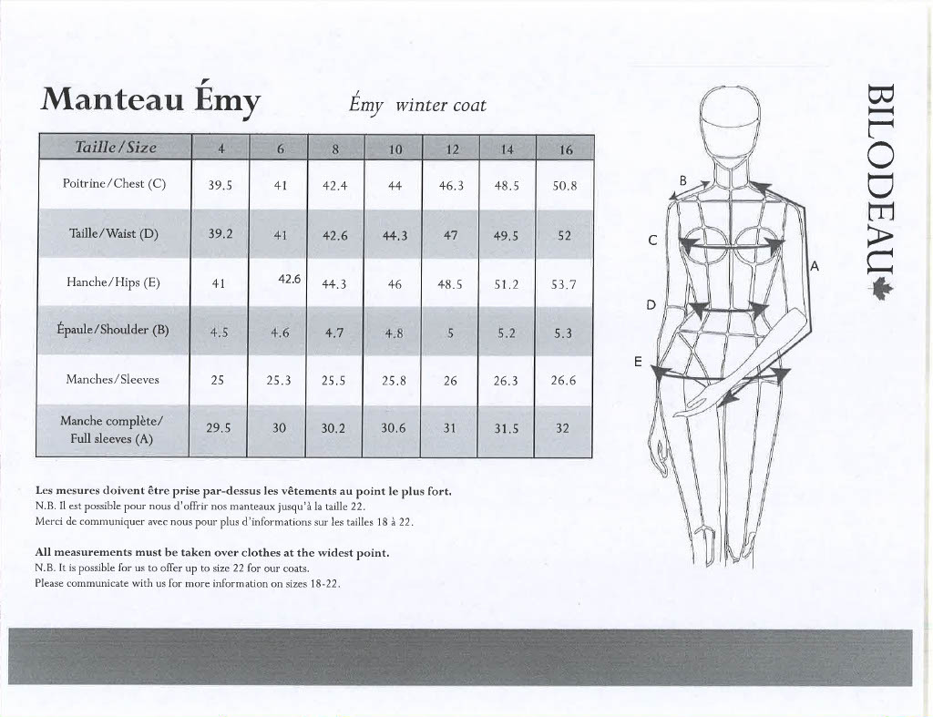 Size guide for *New* - Emy winter coat