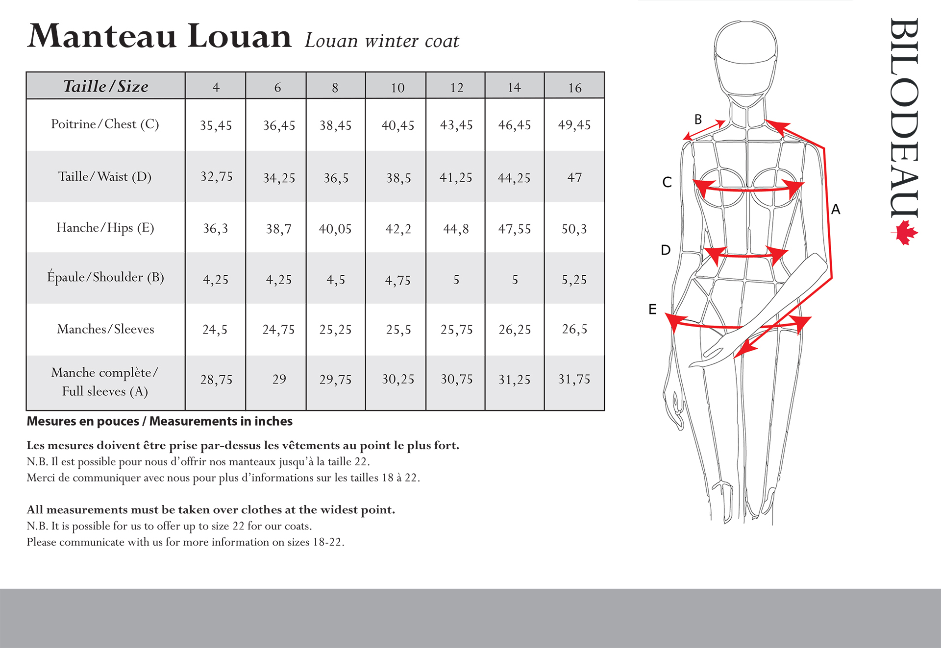 Size guide for Louan winter coat