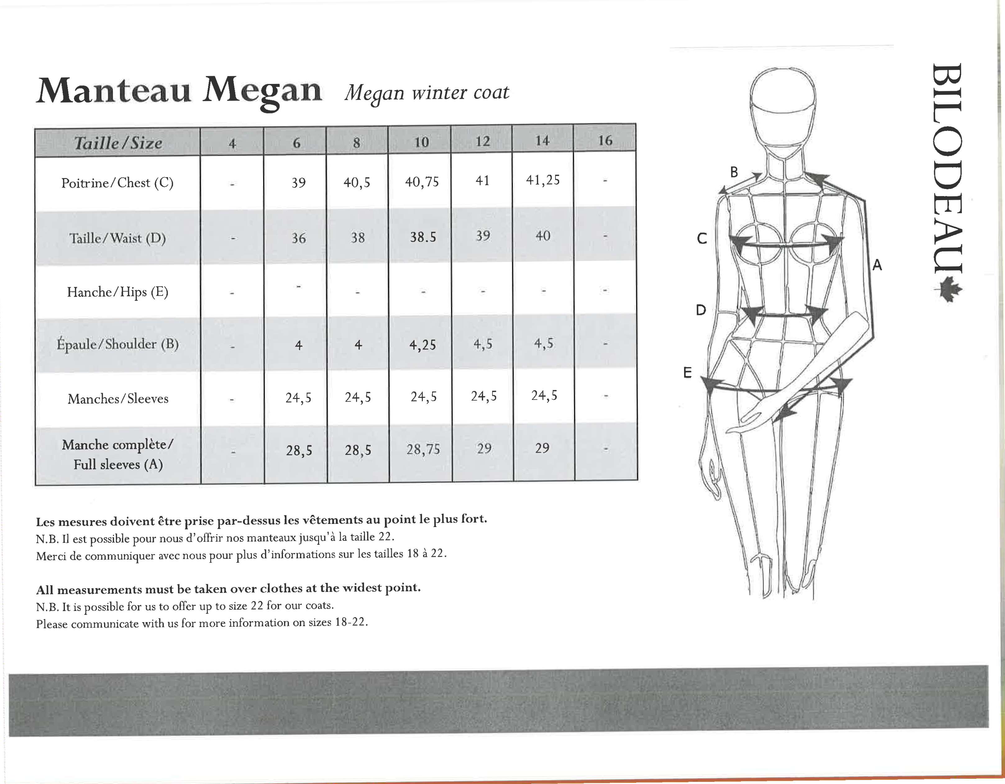 Guide des tailles pour Manteau Megan en Loup Marin Naturel & Renard Argenté