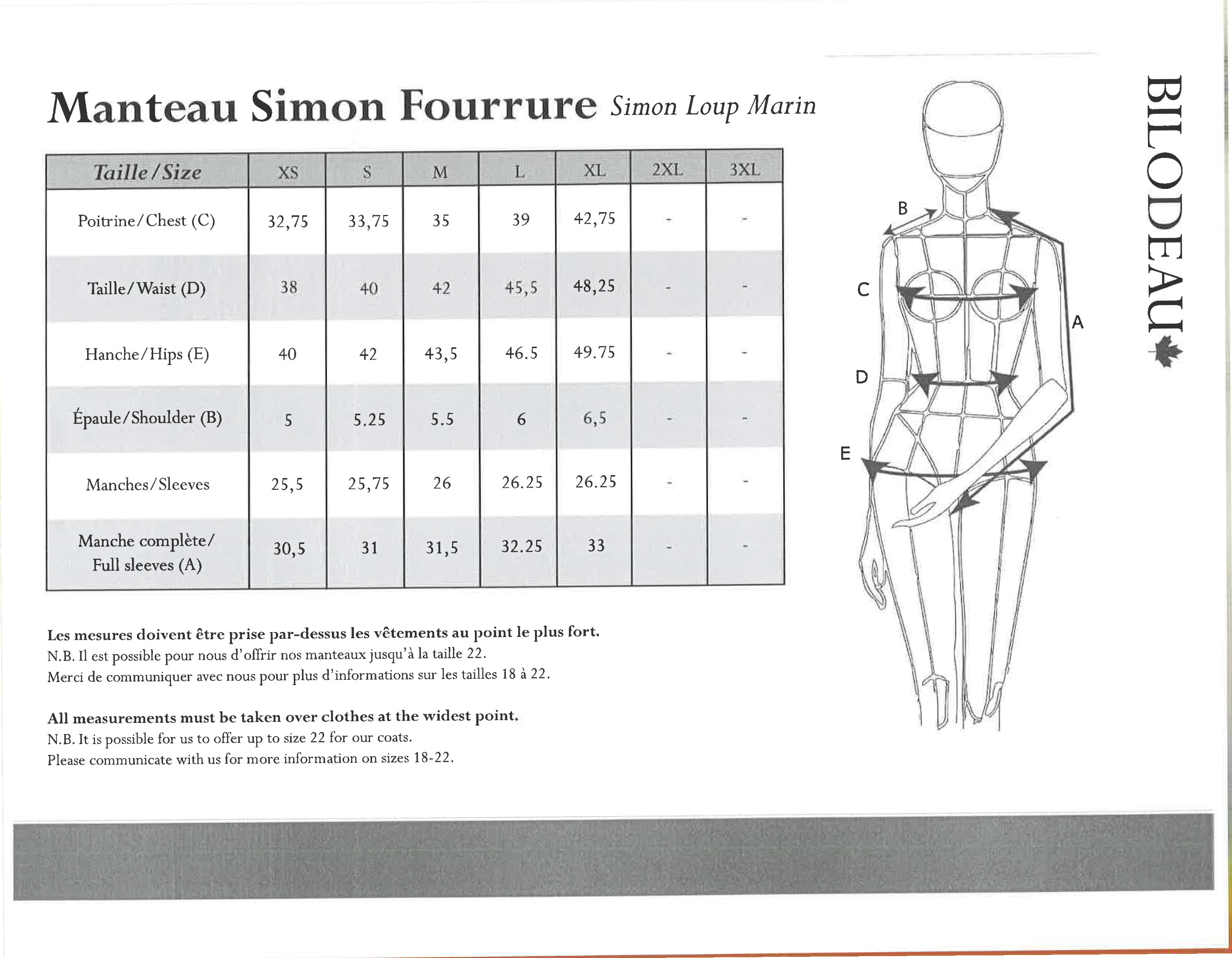 Size guide for Simon winter coat