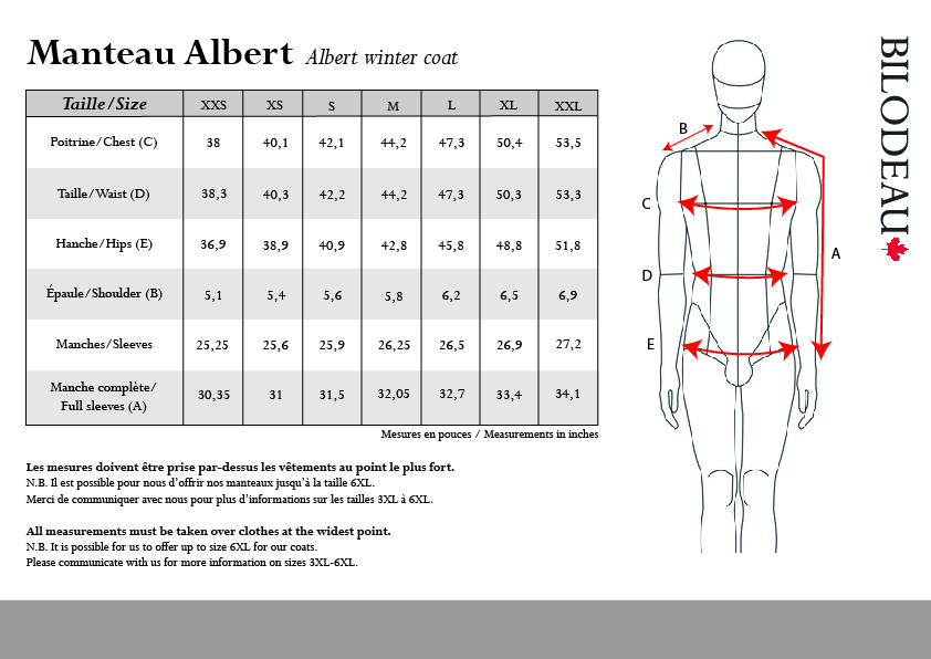 Size guide for Albert winter coat