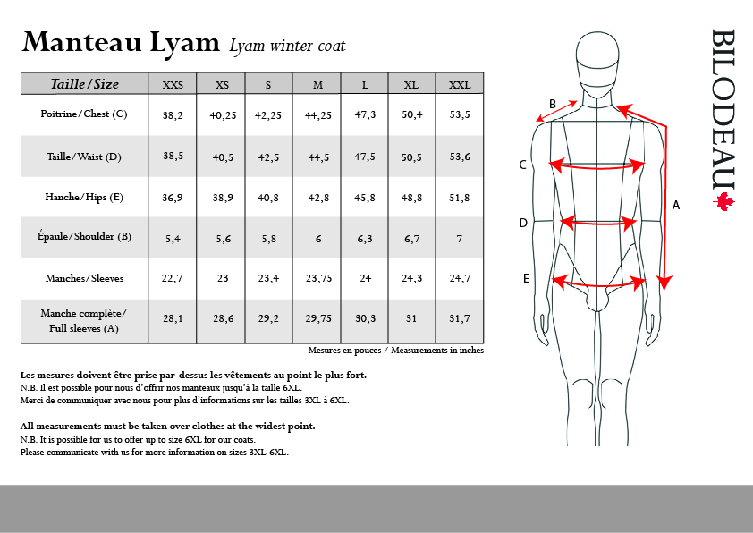 Size guide for Lyam winter coat