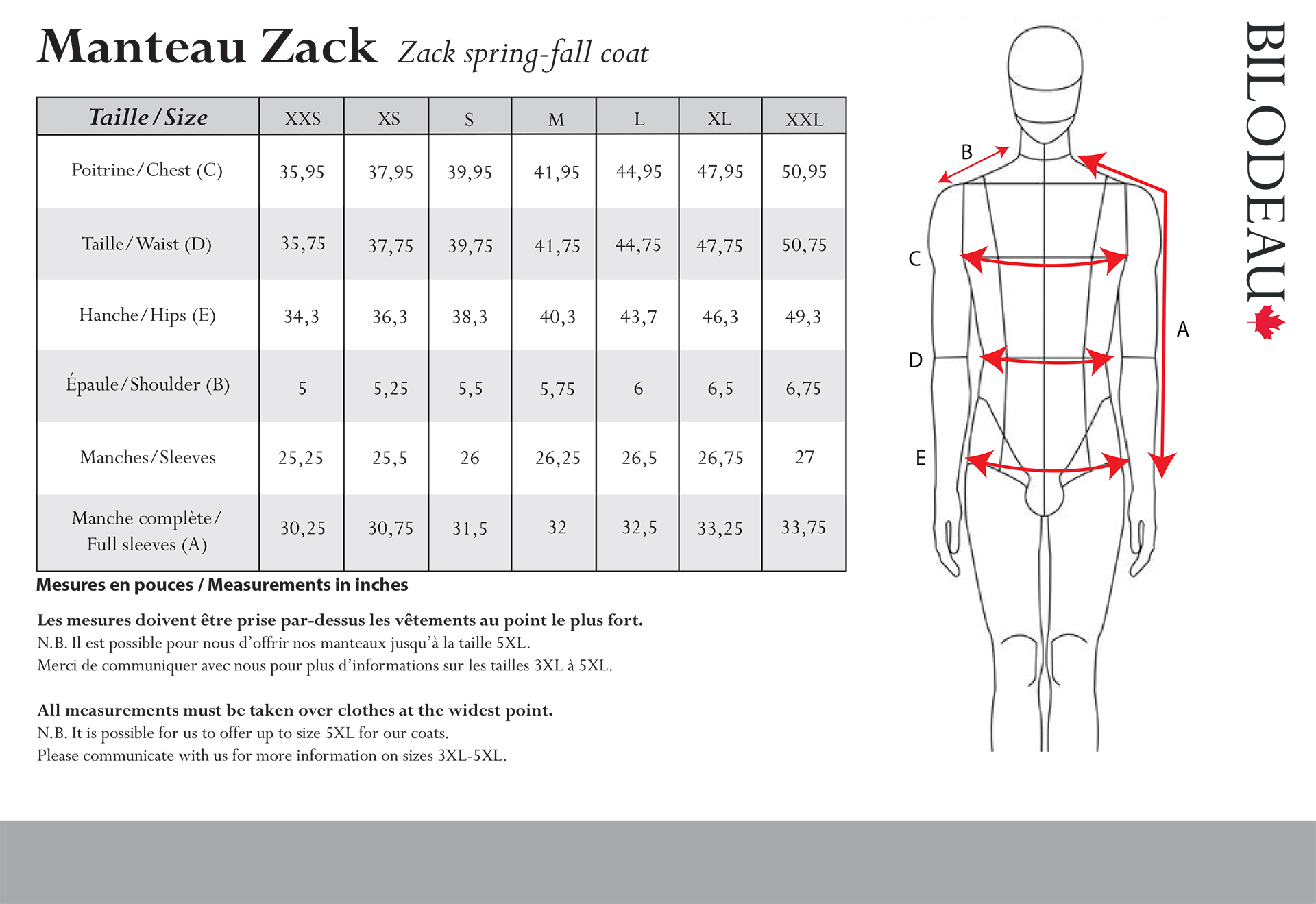 Size guide for Zack mid-season coat